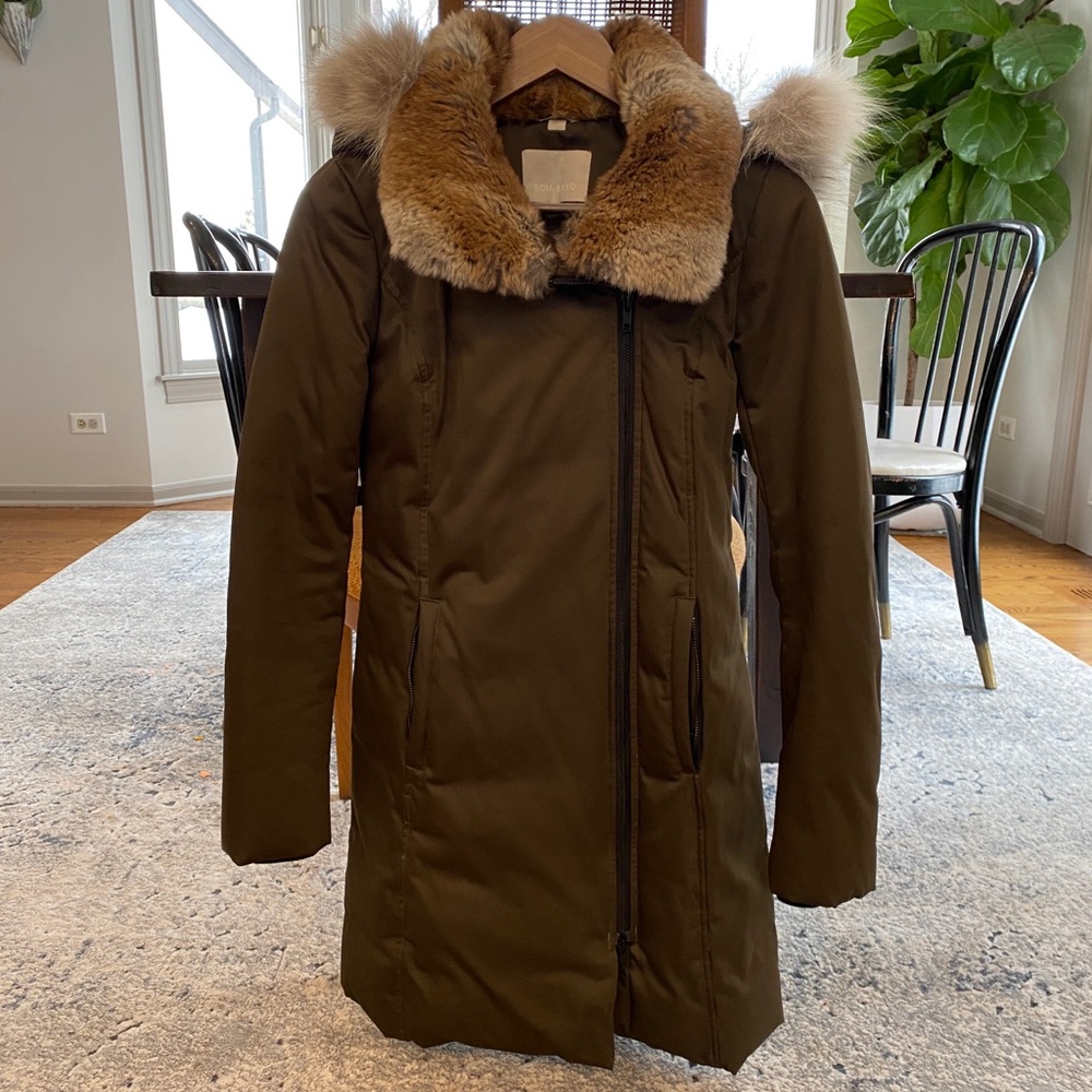 XXS SOIA & KYO Fur Trimmed Olive Green Winter Coat